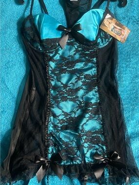 Dreamgirl Teal Satin and Black Lace Babydoll
